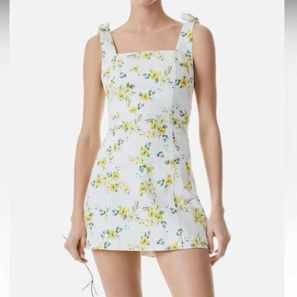 Alice + Olivia Jeans Maryann Tie Shoulder Dress Yellow Floral Denim Mini 10